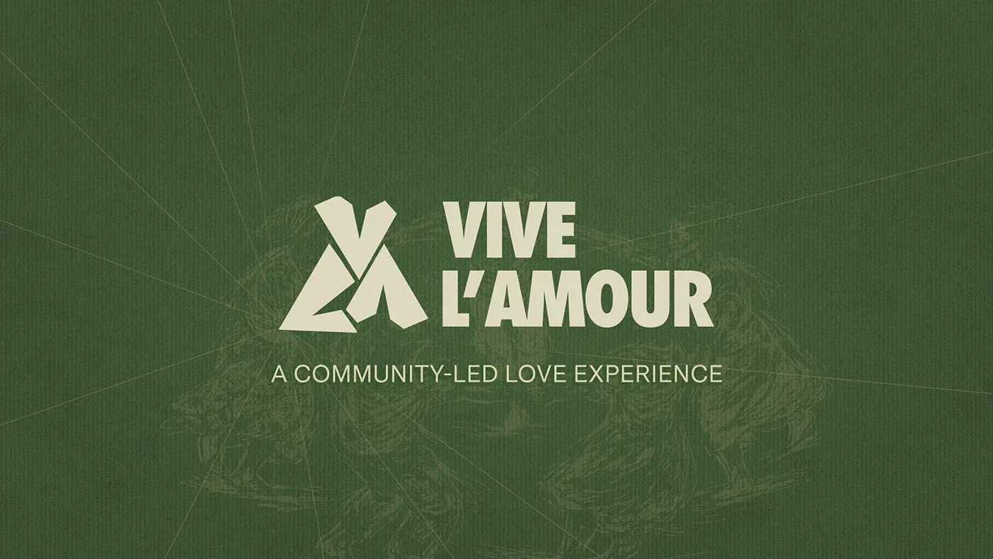Vive l’Amour logo in cream on deep green, tagged A Community-Led Love Experience