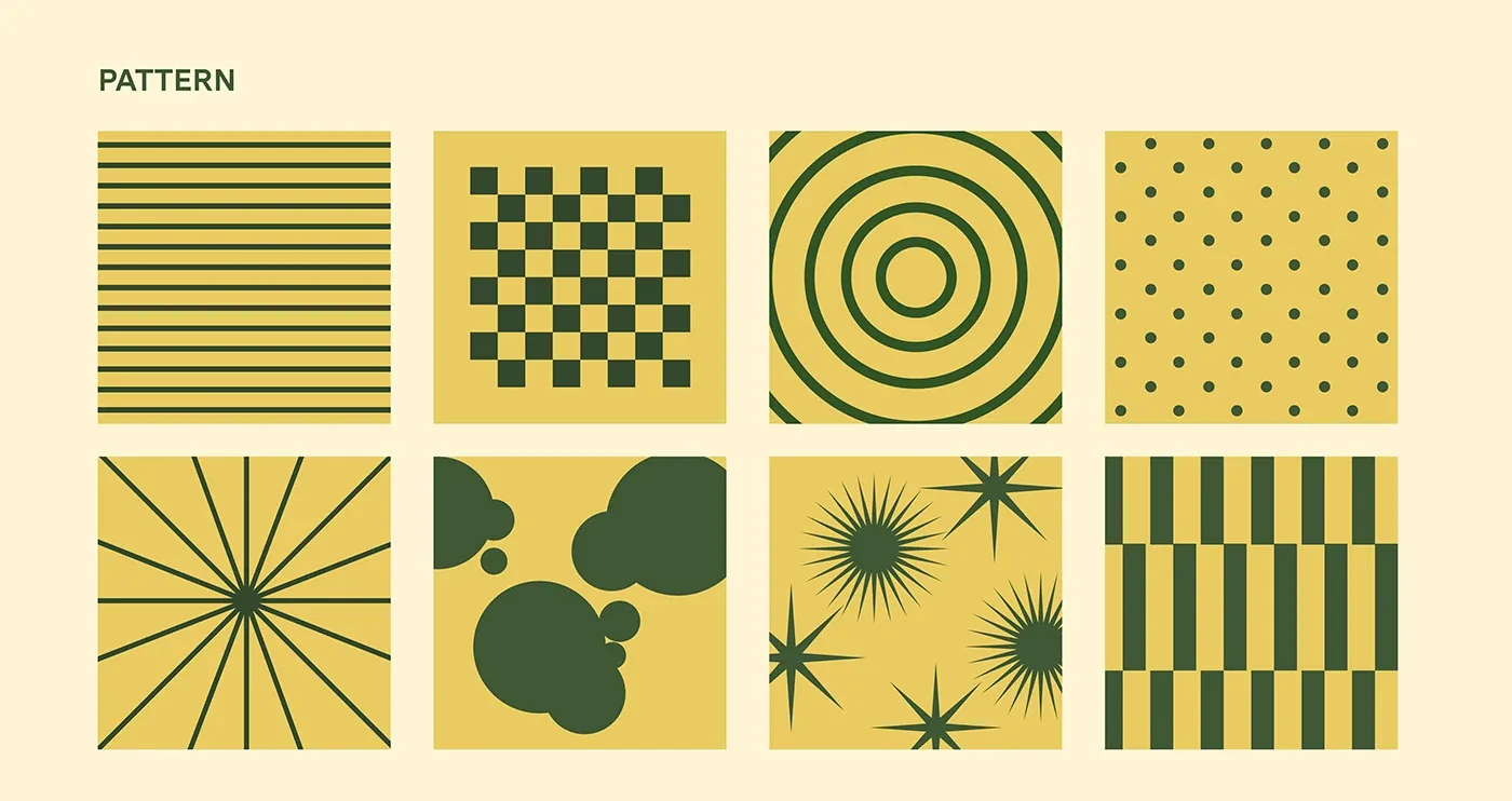 Vive l’Amour pattern library, stripes, checks, spirals, dots and bursts in green and yellow
