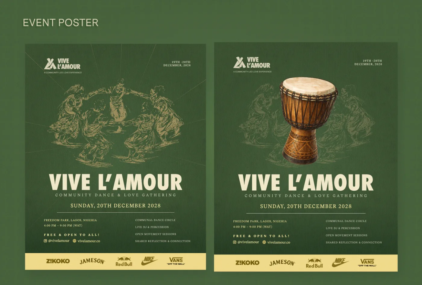Vive l’Amour event poster with hand-drawn dancers and event details