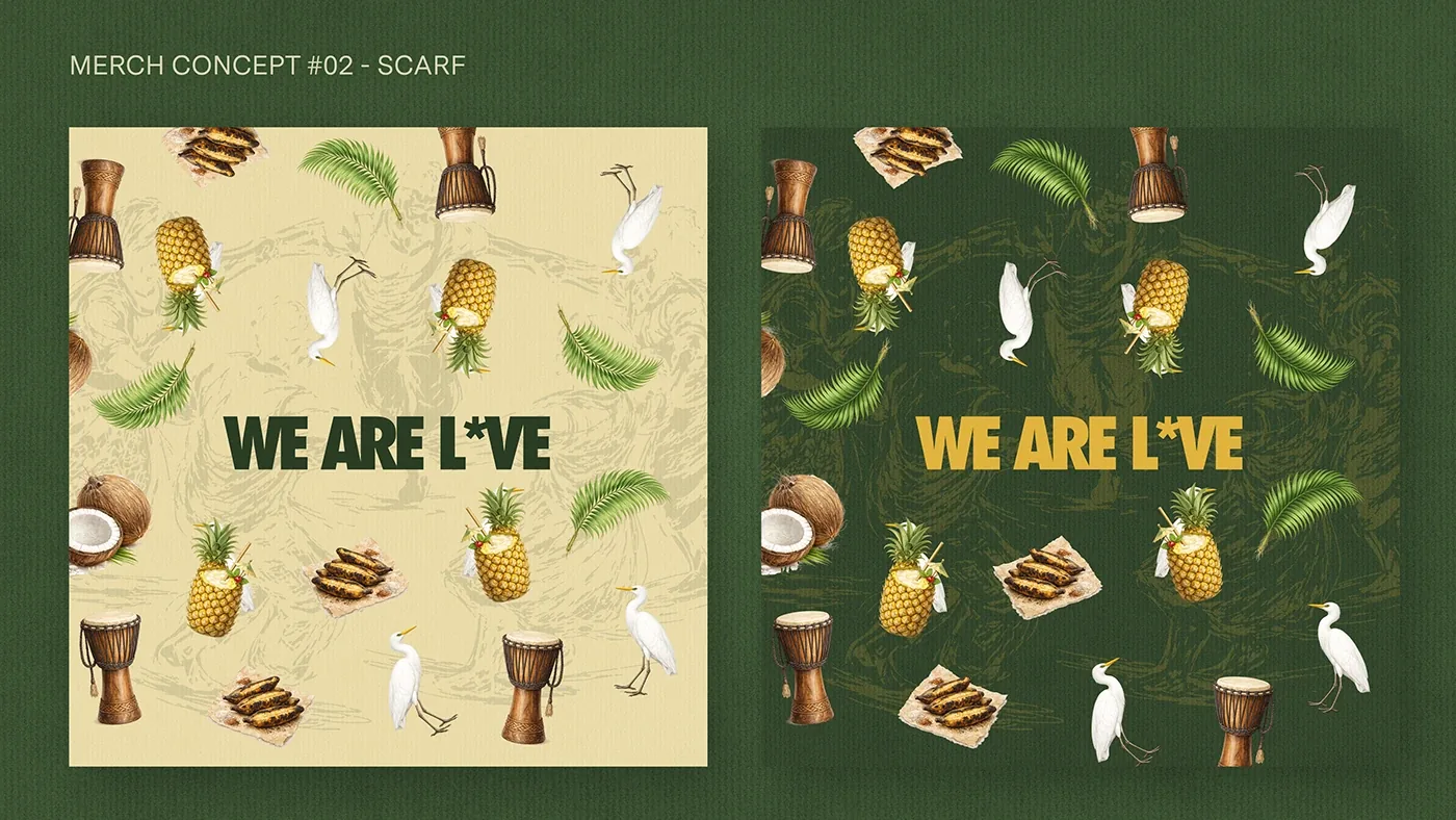 WE ARE LOVE merch scarf laid flat with the food-and-culture pattern